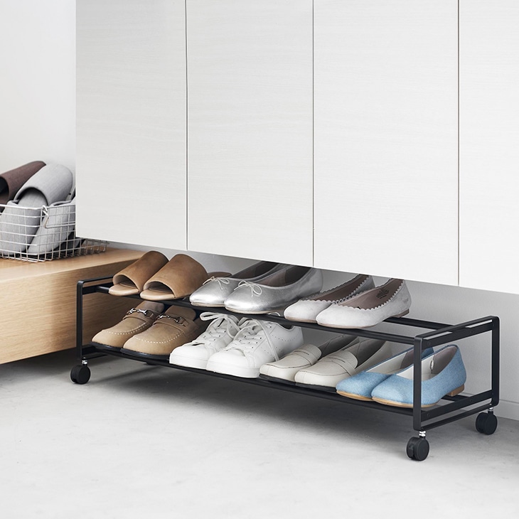 tower タワー 引き出せるキャスター付きシューズラック 2段 (ブラック)