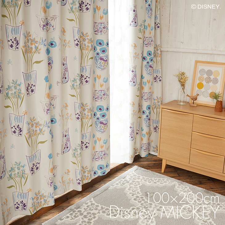 遮光 カーテン MICKEY/ミッキー フラワーベースミッキーウィズドナルド (幅100×丈200cm)